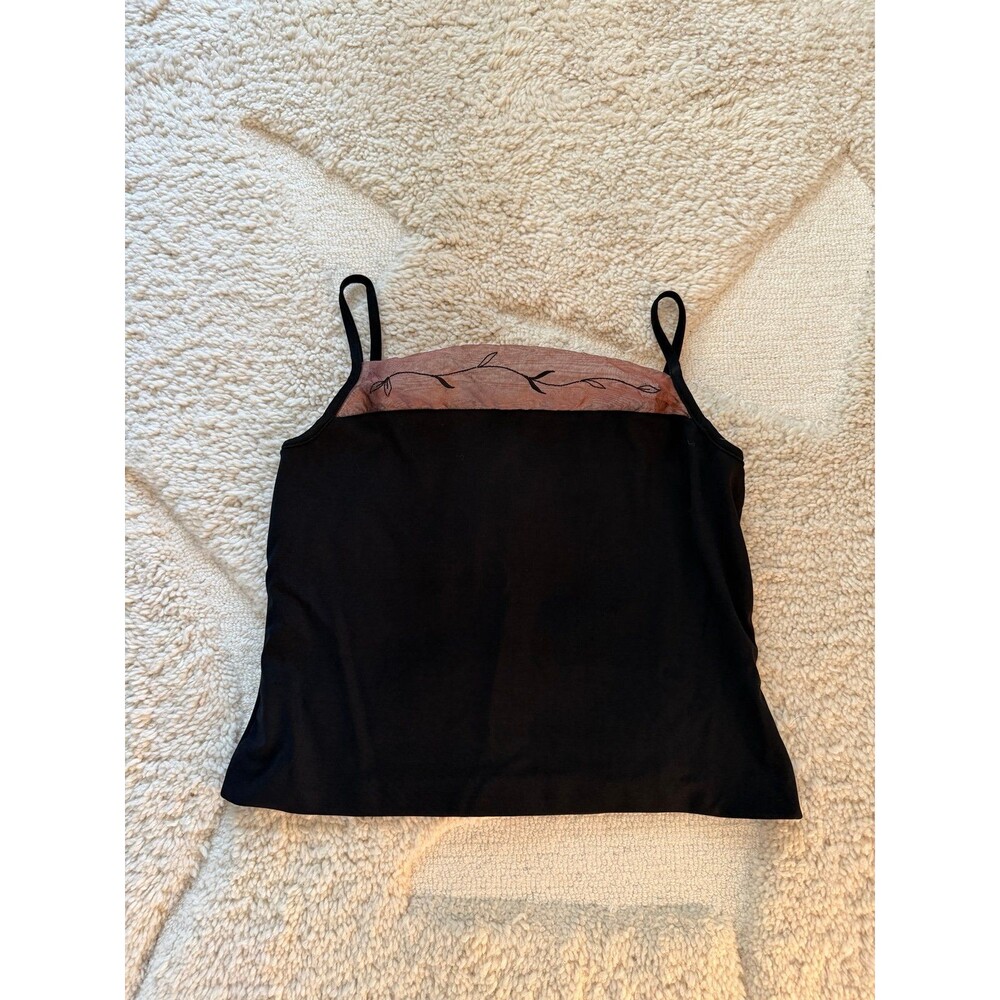 Vintage 90s Y2K Embroidered Mesh Trim Square Neck Cami Tank Top Black Pink Whims